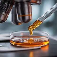 Close-up of a pipette delivering liquid into a petri dish under a microscope, showcasing laboratory research and science.