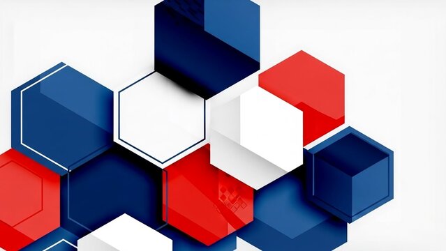 Red, white, and blue 3d hexagons stacked together on a white background, geometric shapes in a honeycomb pattern, abstract design with technology - Powered by Adobe