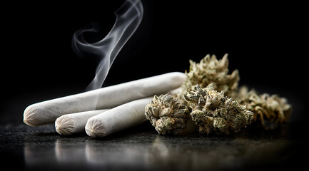 Artfully composed image of pre-rolled cannabis cigarettes with smoke, highlighting modern consumption trends and cultural significance.