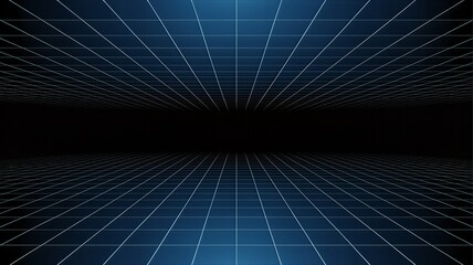 Futuristic digital grid tunnel with neon blue lines and dark background
