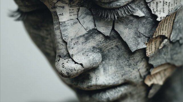 Abstract human face portrait with cracked paper texture, symbolizing vulnerability, memory, identity fragmentation and emotional inner breakdown
