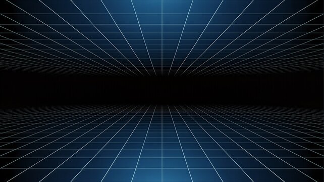 Futuristic digital grid tunnel with neon blue lines and dark background - Powered by Adobe