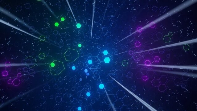 Vibrant neon lights and hexagons on dark background with radiant beams, abstract technology and innovation concept with glowing dots and lines - Powered by Adobe
