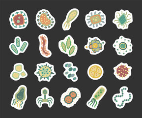 Microorganism set in scandinavian style featuring virus, bacteria, amoeba, phage spores, cells, colonies, chains, flagellum, capsules, clusters for your illustration and designs projects
