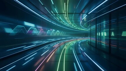 Futuristic Tunnel With Neon Lights And Data Visualization For Tech Background 4K Ai HD high quality video.
- Powered by Adobe
