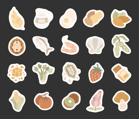 Food allergen set in scandinavian style featuring common allergenic ingredients including dairy nuts seafood grains fruits vegetables for everyday nutrition communication