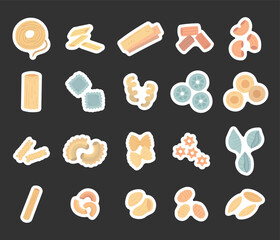 Pasta food set in scandinavian style featuring spaghetti penne lasagne rigatoni gobbetti cannelloni ravioli cavatappi rotelle anelli fusilli farfalle conchiglie orzo