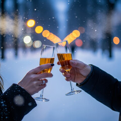 Romantic glasses clinking winter celebration of love. Valentine&rsquo;s Day, toast, joy and special moments
