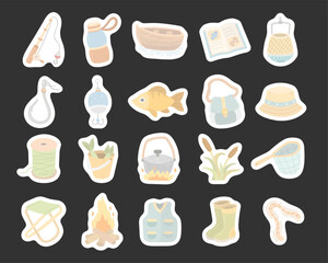 Fishing equipment set in scandinavian style featuring rod bottle boat book net hook float fish backpack hat reel bucket campfire