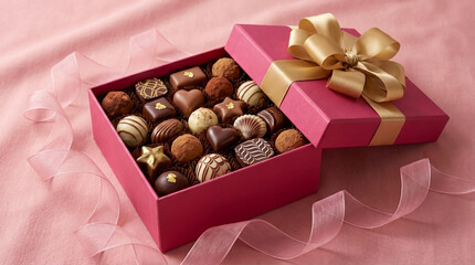 Pink box with assorted chocolates and gold ribbon on pink fabric background