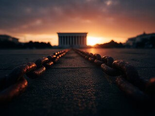 Broken metal chains in front of a government-style building silhouette