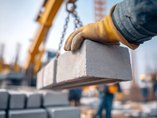 A worker in gloves lifts a concrete block at a construction site, showcasing the hard work involved in the building process.