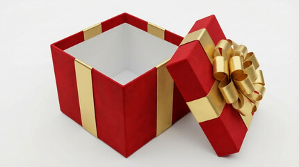 Red gift box with golden ribbon and bow open on white background