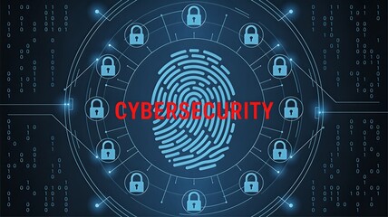 A digital fingerprint icon at the center of a network of padlock symbols, with 'CYBER SECURITY' text, representing data protection and online safety.
