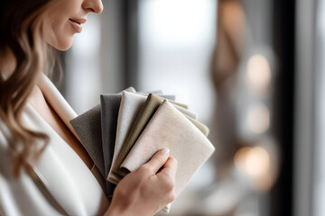 A woman holds a selection of soft fabric swatches, showcasing elegant textures and colors in a bright, modern setting.