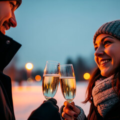 Couple toasting with champagne winter celebration together. Valentine&rsquo;s Day, romance, success and special moments