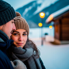 Couple near a mountain cabin winter travel lifestyle scene. Valentine&rsquo;s Day, getaway, love and outdoor romance