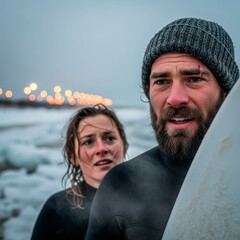 Couple with surfboards cold weather coastal lifestyle scene. Adventure, relationship strength and contrast