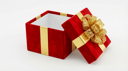Red Gift Box with Golden Ribbon and Bow Opened on White Background present