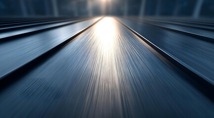 Abstract view of train tracks extending into the distance, illuminated by bright light, conveying speed and motion.
