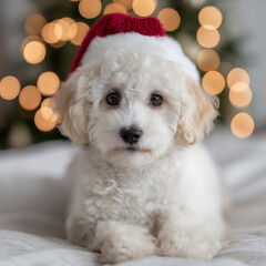 Adorable puppy wearing a Christmas hat, sitting cozy with soft bokeh lights, perfect for festive pet themes and seasonal promotions.
