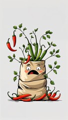 Shy hiding small chili vegetables in cartoon illustration on plain white background