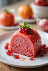 Delicious gourmet slice of fresh strawberry cheesecake with chocolate drizzle and berries on a white plate