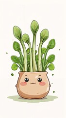 Shy peeking soft bean sprout vegetables in cartoon illustration on plain white background