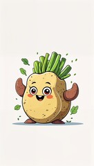 Silly rolling baby potato vegetables in cartoon illustration on plain white background