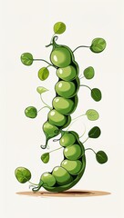 Silly wobbling tiny pea vegetables in cartoon illustration on plain white background