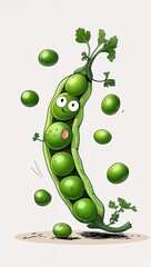 Silly wobbling tiny pea vegetables in cartoon illustration on plain white background