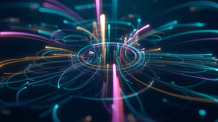 Vibrant neon light trails forming abstract glowing energy field with dynamic colorful swirls 4K Ai HD high quality video.
- Powered by Adobe