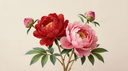 Red and pink peonies with green leaves on beige background