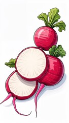 Calm resting sliced radish vegetables in cartoon illustration on plain white background