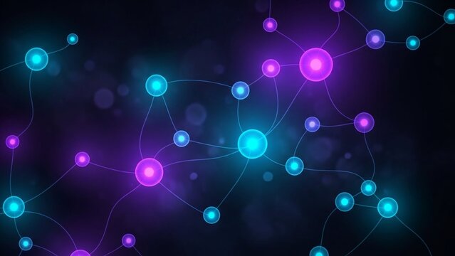 Vibrant network of interconnected glowing nodes in shades of purple and blue on a dark background, representing technology and innovation with digital - Powered by Adobe