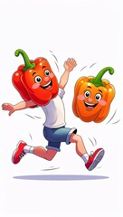 Cheerful skipping bright bell pepper vegetables in cartoon illustration on plain white background