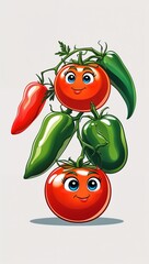 Confident posing glossy tomato vegetables in cartoon illustration on plain white background