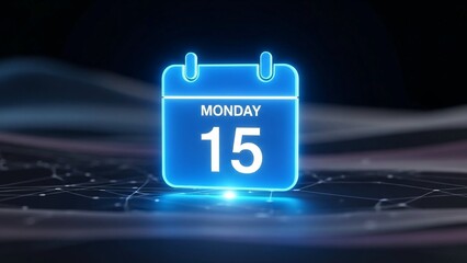 Glowing blue calendar icon on a dark background with neon light effect showing monday the 15th date with digital and technology and time and schedule