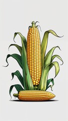 Confident posing golden corn vegetables in cartoon illustration on plain white background