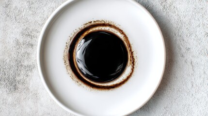 Top view of a classic white coffee cup filled with black coffee on a textured gray surface, minimal style