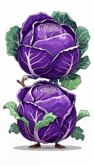 Confident posing royal purple cabbage vegetables in cartoon illustration on plain white background