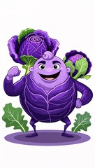 Confident posing royal purple cabbage vegetables in cartoon illustration on plain white background