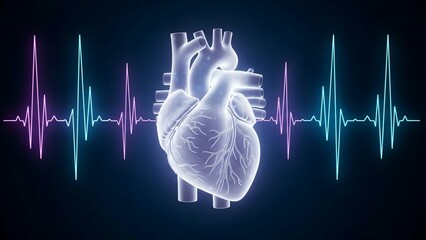 Glowing human heart with colorful ecg heartbeat waveform on dark background, symbolizing cardiovascular health and medical technology with glowing heart