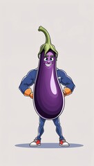 Confident standing strong eggplant vegetables in cartoon illustration on plain white background