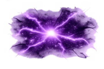 Purple energy explosion with sparkling particles and bright light burst, abstract cosmic portal or magic power effect on transparent background