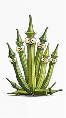 Curious peeking spiky okra vegetables in cartoon illustration on plain white background