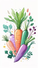 Dreamy drifting fantasy pastel vegetables in cartoon illustration on plain white background