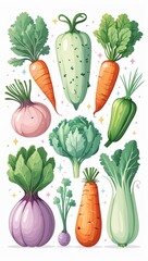 Dreamy drifting fantasy pastel vegetables in cartoon illustration on plain white background