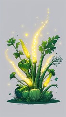 Dreamy drifting glowing fantasy vegetables in cartoon illustration on plain white background
