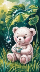 Adorable fluffy teddy bear sitting in lush green grass, holding a small cup of tea under a large leaf sheltering from rain or dew drops